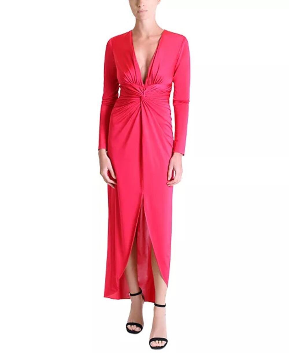Julia Jordan Plunge V-Neck Draped Maxi Dress Red Long Sleeve Womens 14 NEW Gown